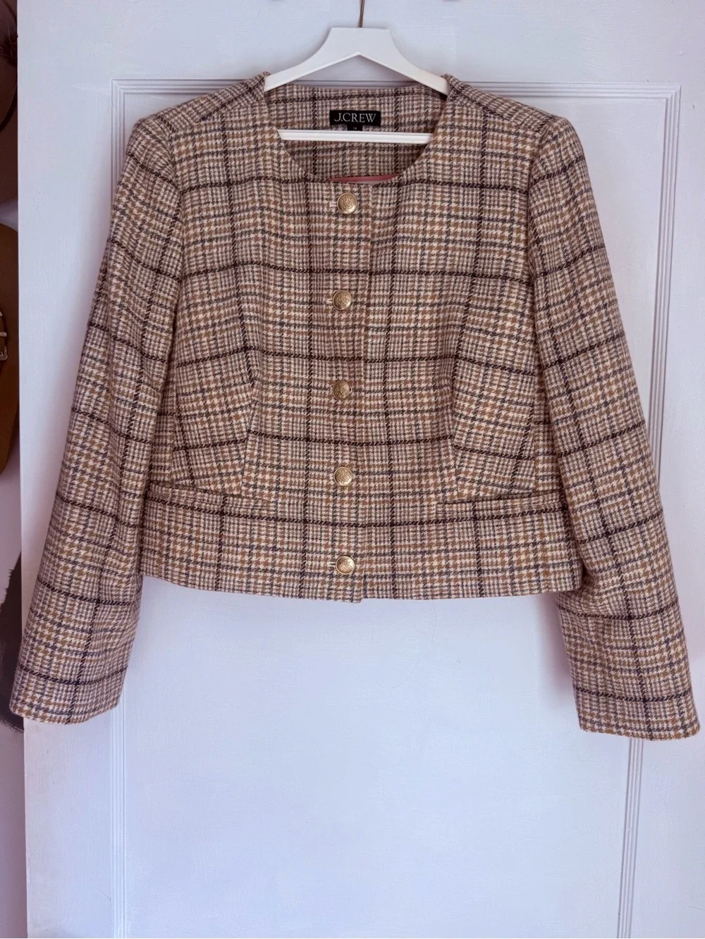 J.Crew Beige and Brown Plaid Tweed Button-Up Blazer